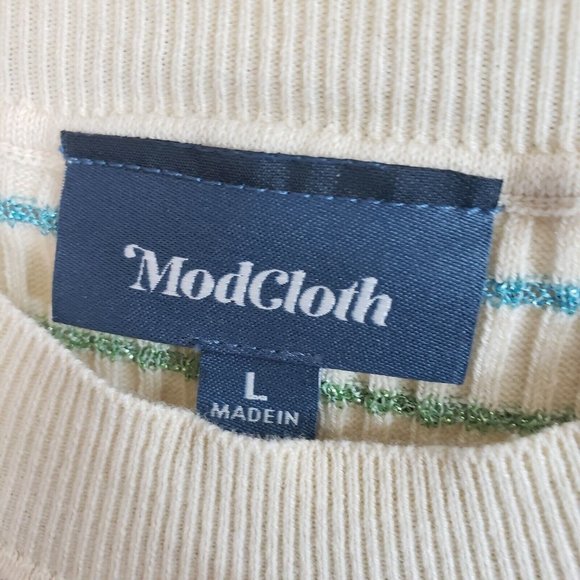 Modcloth Womens Ribbed Pullover Top Sz Large Pink‎ Green Striped - Picture 5 of 6
